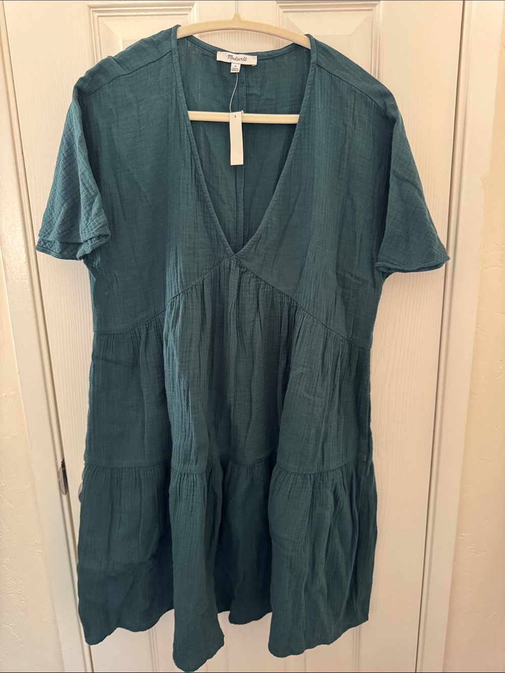 Madewell Teal V-Neck Tiered Short-Sleeve Tunic Dress